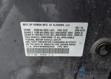 2019 Honda Passport Touring from USA, damaged, VIN 5FNYF8H90KB025939